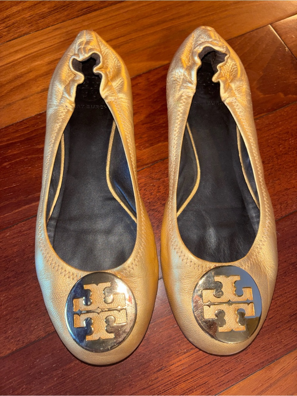 Tory Burch Metallic Gold Leather Logo Ballet Flats